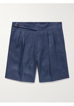 Ralph Lauren Purple Label - Straight-Leg Pleated Herringbone Linen and Silk-Blend Shorts - Men - Blue - UK/US 30