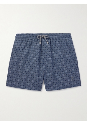 Brunello Cucinelli - Straight-Leg Short-Length Logo-Embroidered Printed Swim Shorts - Men - Blue - XS