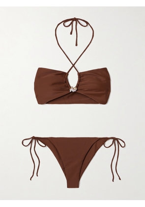 SARA CRISTINA - Bahia Pearl-embellished Halterneck Bikini - Brown - x small,small,medium,large,x large