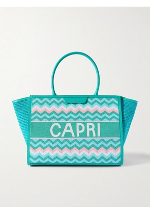 Aquazzura - Capri Leather-trimmed Beaded Raffia Tote - Blue - One size