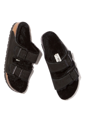 Arizona Shearling-Lined Birkenstock Sandal in Black/Black Suede, Size IT 36