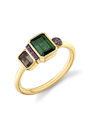 Sarah Hendler Small Mashup Ring in Yellow Gold/Smoky Quartz/Green Tourmaline/Pink Sapphire, Size 4