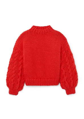 MR MITTENS Cable-Sleeve Crewneck in Red, Medium/Large