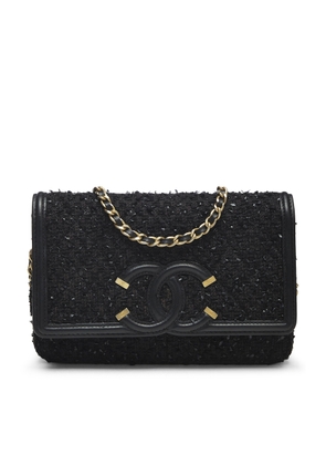 What Goes Around Comes Around Chanel Filigree Tweed Wallet On Chain in Black