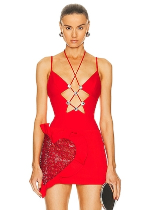 AREA Star Cutout Bodysuit in Scarlet - Red. Size S (also in L, M, XS).