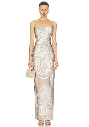 ROCOCO SAND Ines Maxi Strapless Dress in Light Brown & White - Taupe. Size M (also in ).