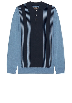 Beams Plus Knit Polo Stripe 12g in Blue - Blue. Size L (also in S, XL/1X).