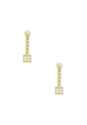 Miu Miu Logo Drop Earrings in Oro - Metallic Gold. Size all.