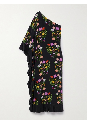 Borgo de Nor - Ginger One-sleeve Ruffled Printed Crepe Midi Dress - Black - UK 6,UK 8,UK 10,UK 12,UK 14,UK 16,UK 18