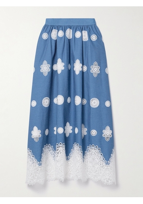 Borgo de Nor - Rhea Crocheted Lace-trimmed Chambray Midi Skirt - Blue - UK 6,UK 8,UK 10,UK 12,UK 14,UK 16,UK 18