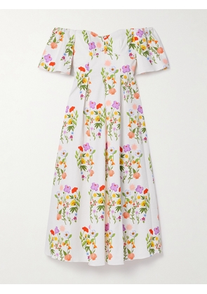 Borgo de Nor - Gracie Off-the-shoulder Pleated Printed Cotton-blend Piqué Dress - Multi - UK 6,UK 8,UK 10,UK 12,UK 14,UK 16,UK 18