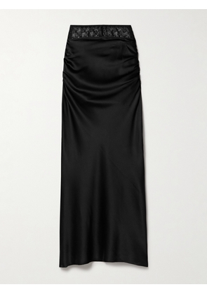 Kiki de Montparnasse - Embroidered Tulle-trimmed Ruched Silk-blend Satin Maxi Skirt - Black - x small,small,medium,large