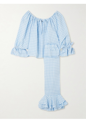 Sleeper - Cha-cha Ruffled Tie-detailed Gingham Linen-blend Pajama Set - Blue - x small,small,medium,large,x large