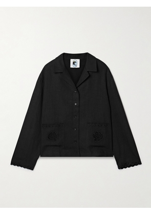 Sleeper - Sofia Broderie Anglaise-trimmed Linen Pajama Shirt - Black - x small,small,medium,large,x large