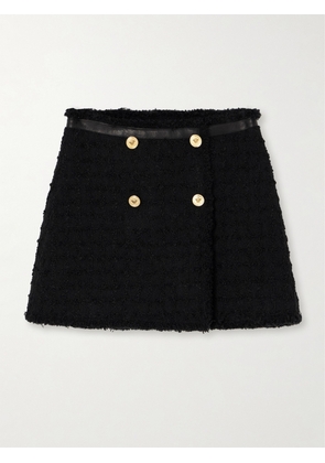Versace - Wrap-effect Leather-trimmed Checked Wool-blend Bouclé-tweed Mini Skirt - Black - IT36,IT38,IT40,IT42,IT44