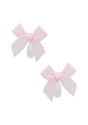 petit moments Bow Drop Pearl Earrings in Pink.