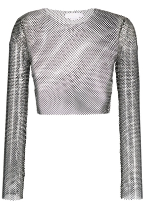 Genny rhinestone mesh cropped blouse - Black