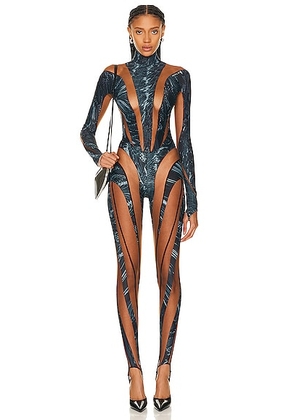 Mugler Long Sleeve Jumpsuit in Warped Snake Black & Nude 02 - Teal. Size 40 (also in 36).
