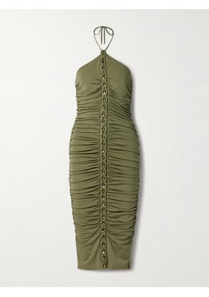 Cult Gaia - Calian Embellished Ruched Jersey Halterneck Midi Dress - Green - x small,small,medium