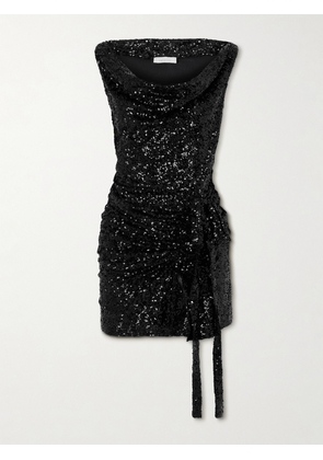 Rabanne - Bow-embellished Sequined Ruffled Woven Mini Dress - Black - FR36,FR38,FR40,FR42