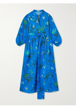 Erdem - Belted Floral-print Cotton And Linen-blend Midi Dress - Blue - UK 4,UK 6,UK 8,UK 10,UK 12,UK 14,UK 16