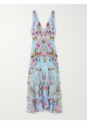 Camilla - Embellished Ruffled Printed Silk Crepe De Chine Maxi Dress - Blue - x small,small,medium,large,x large