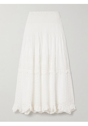 LoveShackFancy - Tian Lace-trimmed Shirred Broderie Anglaise Cotton Midi Skirt - Off-white - xx small,x small,small,medium,large