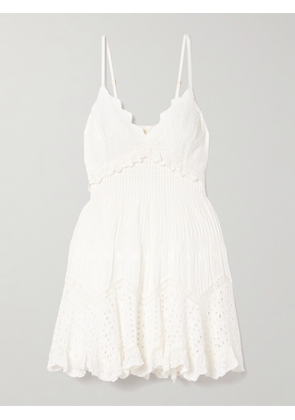 LoveShackFancy - Kerielle Crochet-trimmed Shirred Broderie Anglaise Cotton-voile Mini Dress - Off-white - xx small,x small,small,medium,large