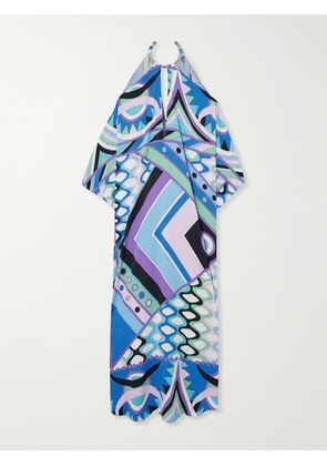 PUCCI - Cold-shoulder Embellished Printed Satin Maxi Dress - Blue - One size