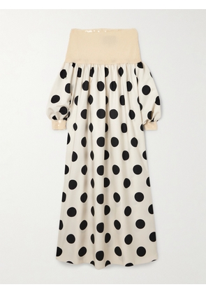 Dima Ayad - Off-the-shoulder Sequined Tulle-paneled Polka-dot Satin Maxi Dress - White - XS,S,M,L,XL,XXL,XXXL,XXXXL