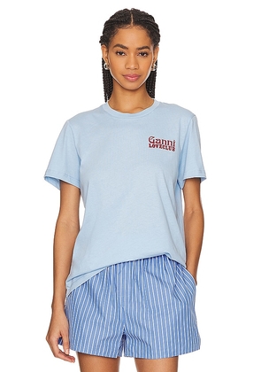 Ganni Thin Jersey Loveclub Relaxed T-Shirt in Baby Blue. Size M, S, XXS.
