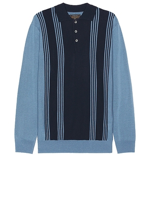 Beams Plus Knit Polo Stripe 12g in Blue. Size S, XL/1X.