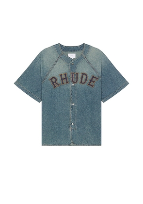 Rhude Baseball Denim Shirt in Blue. Size M.