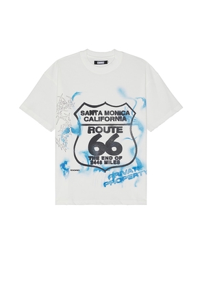 Renowned Route 66 Distressed Tee in White. Size M, S, XL/1X.