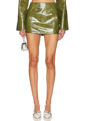 superdown Ethel Faux Leather Skirt in Olive. Size S, XXS.