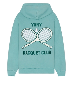 YONY Racquet Club Hoodie in Teal. Size M, S, XL/1X.