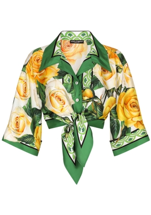 Dolce & Gabbana rose-print cropped silk shirt - Green