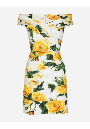 Dolce & Gabbana Short Draped Cotton Dress With Yellow Rose Print - Woman Dresses Print 36
