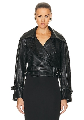 NOUR HAMMOUR Hatti Croco Belted Double Breasted Cropped Jacket in Black Croco - Black. Size 40 (also in ).