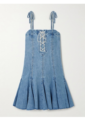 RE/DONE - Flounce Pleated Lace-up Denim Mini Dress - Blue - x small,small,medium,large