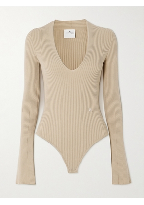 COURREGES - Embroidered Ribbed-knit Bodysuit - Neutrals - x small,small,medium,large,x large