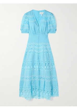 Saloni - Lea Paneled Pintucked Lace And Cotton-voile Midi Dress - Blue - UK 4,UK 6,UK 8,UK 10,UK 12,UK 14,UK 16