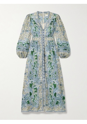 Zimmermann - Ottie Gathered Printed Linen Midi Dress - Green - 00,0,1,2,3,4