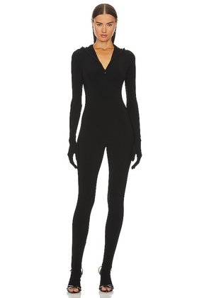 Norma Kamali Turtle Skull Cap Catsuit With Footie & Gloves in Black. Size XS.
