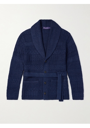 Ralph Lauren Purple Label - Shawl-Collar Belted Cable-Knit Silk and Cotton-Blend Cardigan - Men - Blue - S