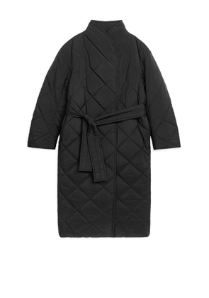 Quilted Shawl Collar Coat - Black