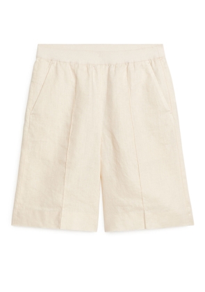 Knee-Length Linen Shorts - Beige