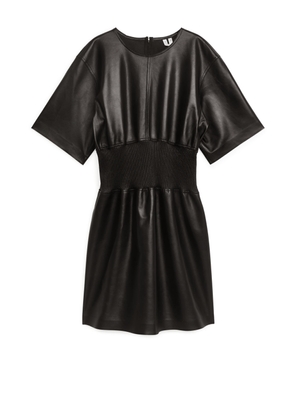 Rib-Waist Leather Dress - Black