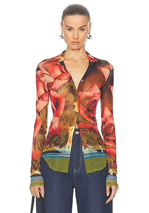 Jean Paul Gaultier Roses Mesh Long Sleeve Top in Green  Red  & Blue - Brown. Size XS (also in ).