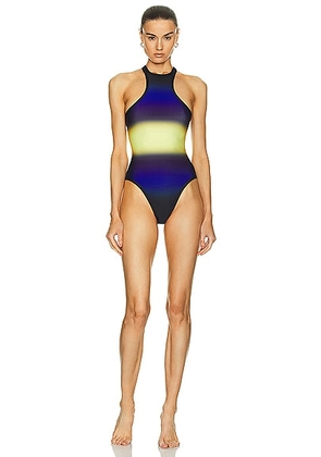 THE ATTICO Shaded Printed One Piece Swimsuit in Blue  Black  & Light Yellow - Yellow,Royal. Size M (also in S).